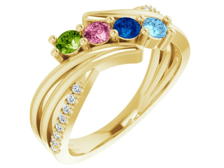 14k Mother s Ring with Four Round Cut Birthstones & Diamonds For Sale