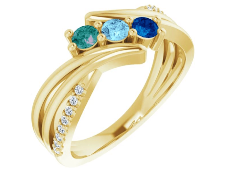 14k Mother s Ring with Three Round Cut Birthstones & Diamonds Hot on Sale