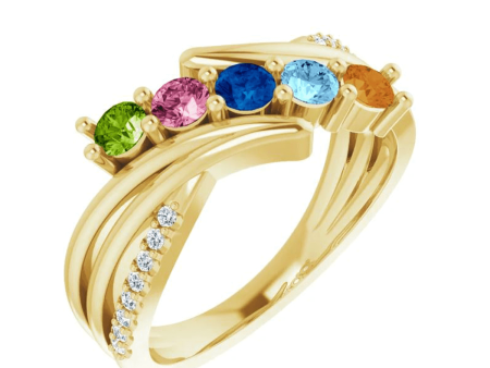 14k Mother s Ring with Five Round Cut Birthstones & Diamonds Supply