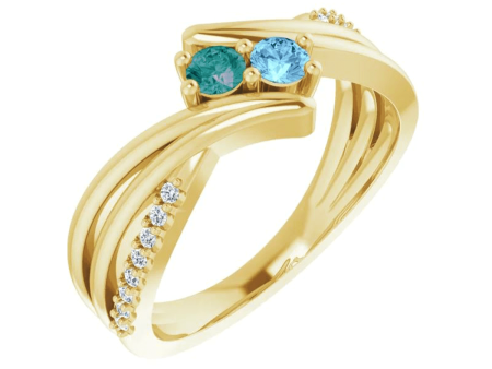 14k Mother s Ring with Two Round Birthstones & Diamonds For Discount